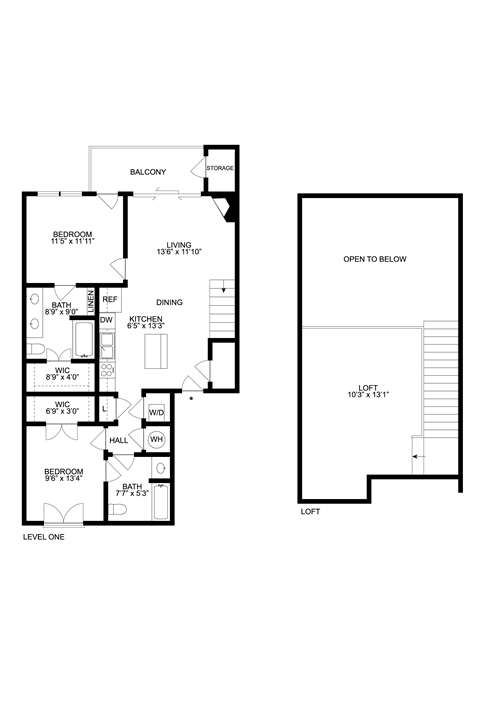 Floor plan for 2 beds, 2 baths, 1114 sqft